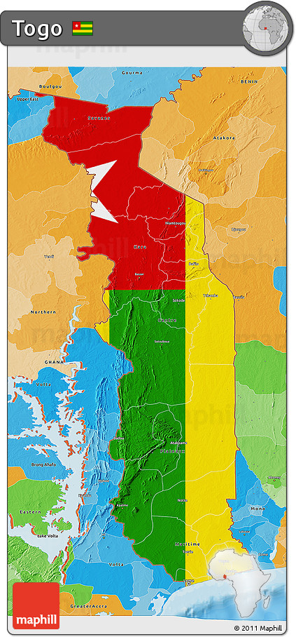Flag 3D Map of Togo, political outside, flag aligned to the middle