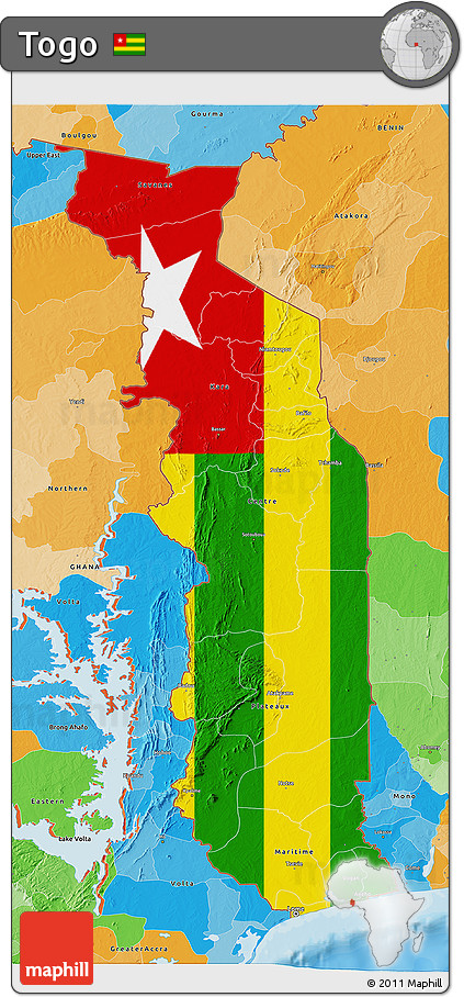 Flag 3D Map of Togo, political outside, flag rotated