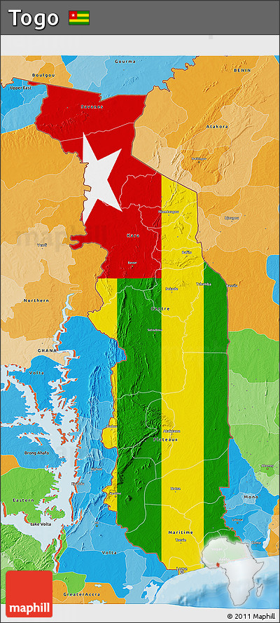 Flag 3D Map of Togo, political outside, flag rotated