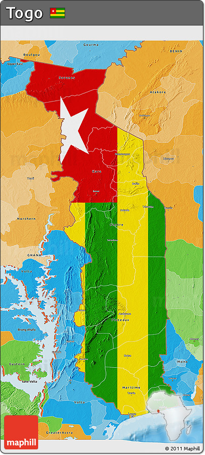 Flag 3D Map of Togo, political outside, flag rotated