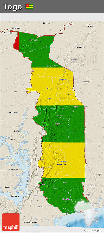 Flag 3D Map of Togo, shaded relief outside, flag centered
