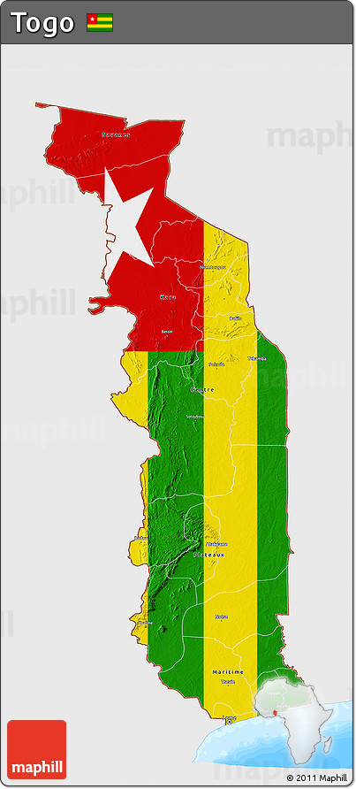 Flag 3D Map of Togo, single color outside, bathymetry sea, flag rotated