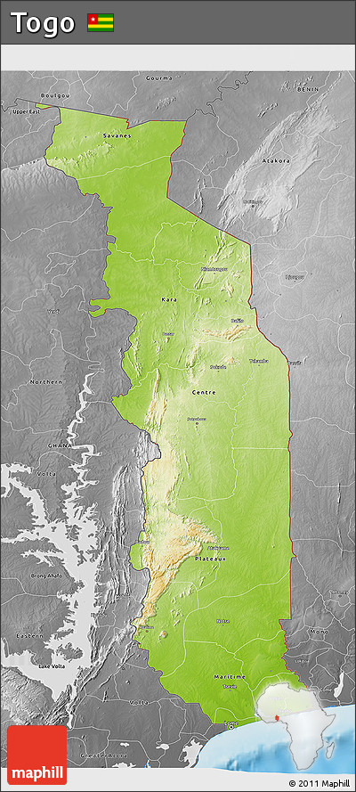 Physical 3D Map of Togo, desaturated, land only