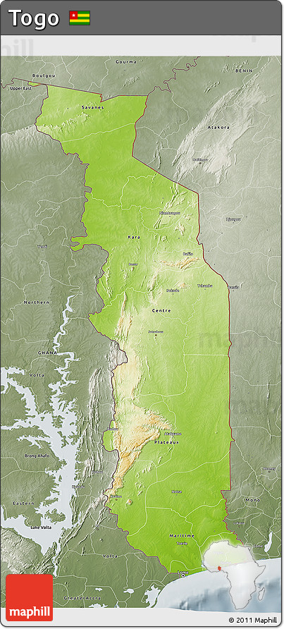 Physical 3D Map of Togo, semi-desaturated
