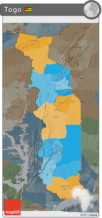 Political 3D Map of Togo, darken, semi-desaturated