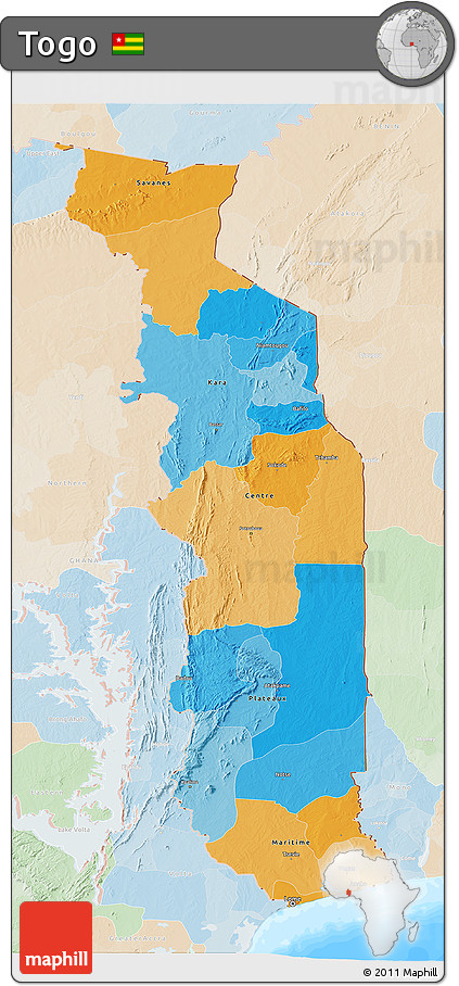 Political 3D Map of Togo, lighten, land only