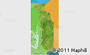 Satellite 3D Map of Togo, political shades outside, satellite sea