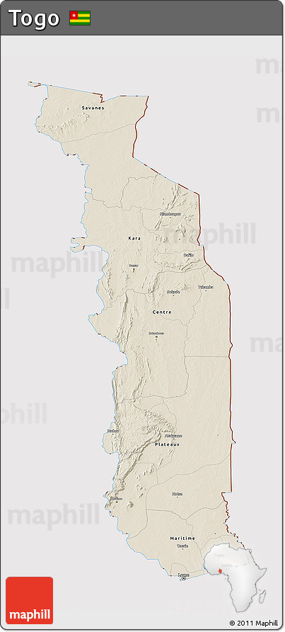 Shaded Relief 3D Map of Togo, cropped outside