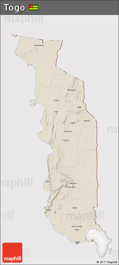 Shaded Relief 3D Map of Togo, cropped outside