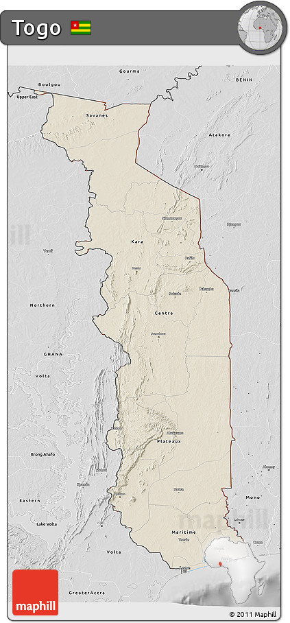 Shaded Relief 3D Map of Togo, desaturated