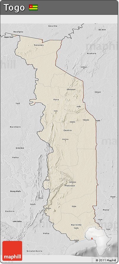 Shaded Relief 3D Map of Togo, desaturated