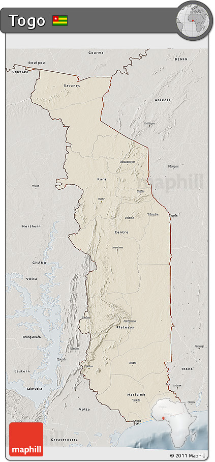 Shaded Relief 3D Map of Togo, semi-desaturated