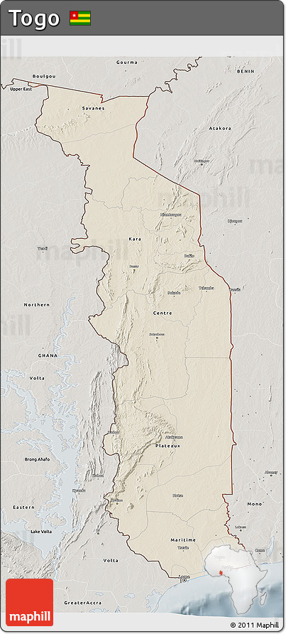 Shaded Relief 3D Map of Togo, semi-desaturated