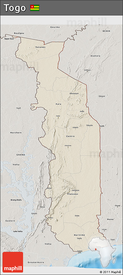 Shaded Relief 3D Map of Togo, semi-desaturated, land only
