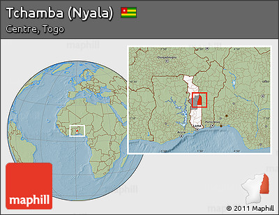 Savanna Style Location Map of Tchamba (Nyala), highlighted country, highlighted parent region, hill shading