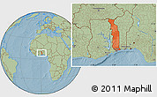 Political Location Map of Togo, savanna style outside, hill shading