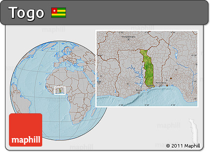 Satellite Location Map of Togo, gray outside, hill shading