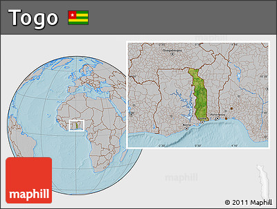 Satellite Location Map of Togo, gray outside, hill shading