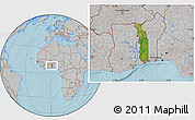 Satellite Location Map of Togo, gray outside, hill shading