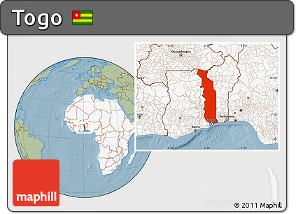 Savanna Style Location Map of Togo, highlighted continent, hill shading
