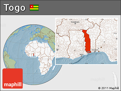Savanna Style Location Map of Togo, highlighted continent, hill shading