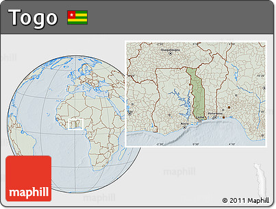 Savanna Style Location Map of Togo, lighten, hill shading