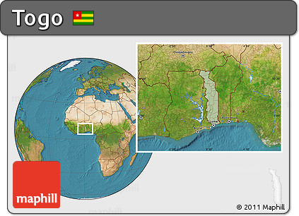 Savanna Style Location Map of Togo, satellite outside, hill shading