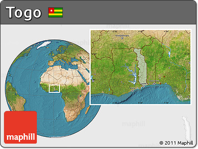 Savanna Style Location Map of Togo, satellite outside, hill shading