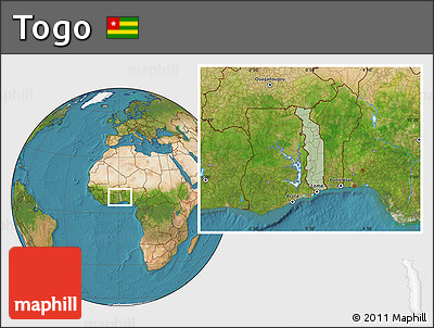 Savanna Style Location Map of Togo, satellite outside, hill shading
