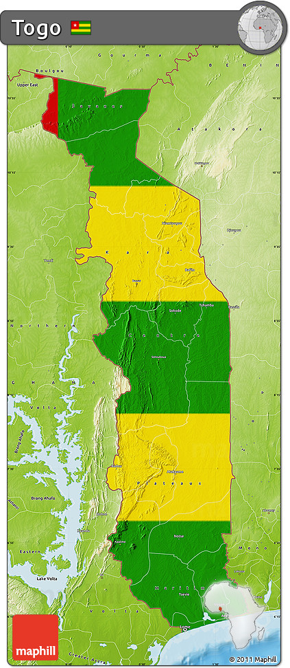 Flag Map of Togo, physical outside, bathymetry sea, flag centered