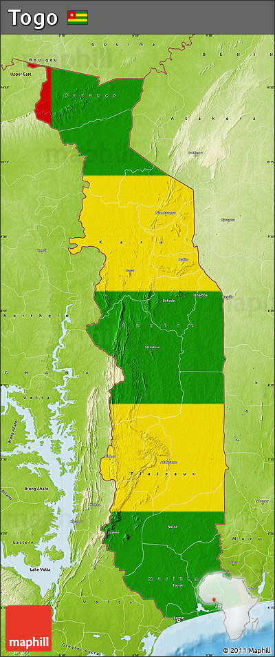 Flag Map of Togo, physical outside, bathymetry sea, flag centered