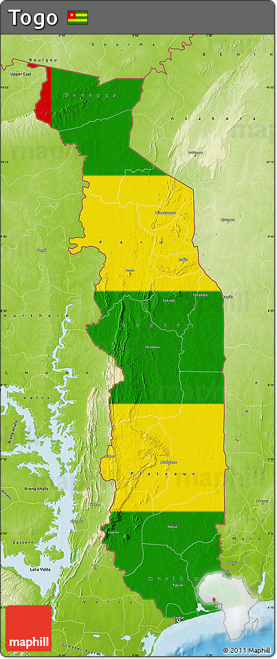 Flag Map of Togo, physical outside, bathymetry sea, flag centered