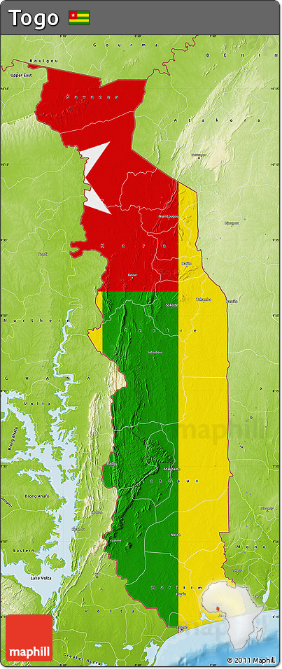 Flag Map of Togo, physical outside, bathymetry sea, flag aligned to the middle