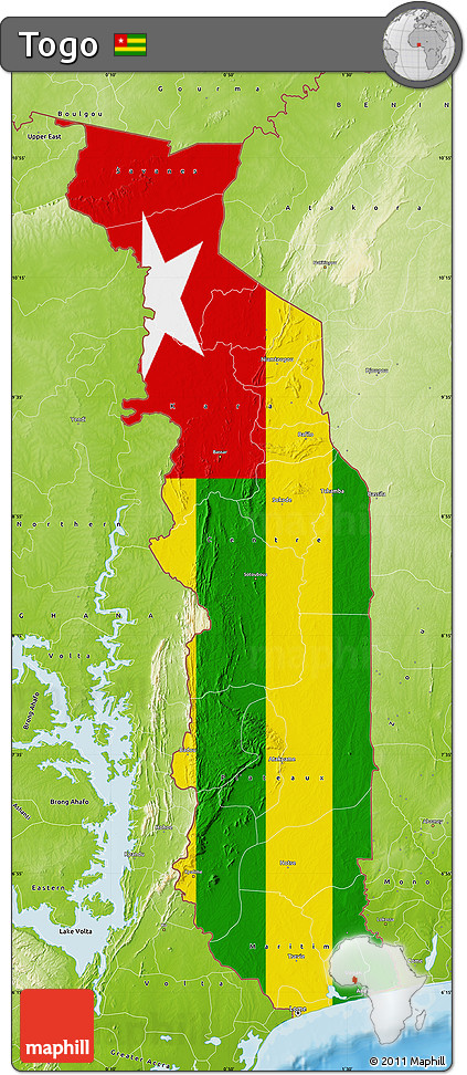 Flag Map of Togo, physical outside, bathymetry sea, flag rotated