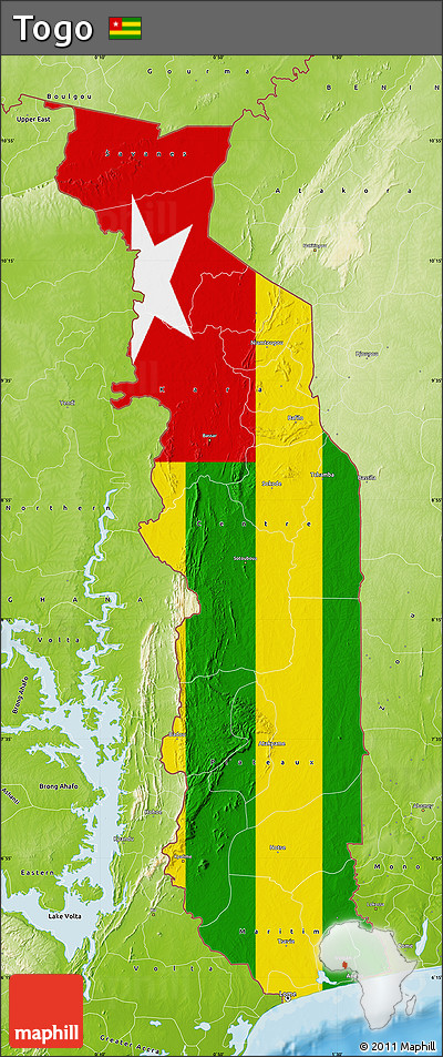 Flag Map of Togo, physical outside, bathymetry sea, flag rotated