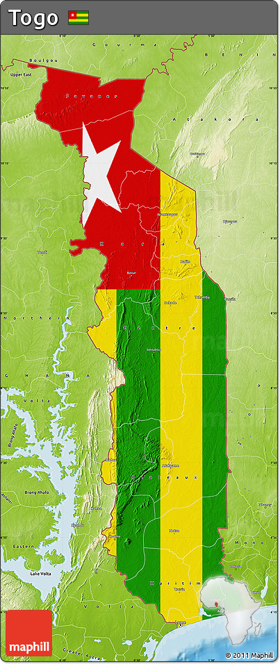 Flag Map of Togo, physical outside, bathymetry sea, flag rotated