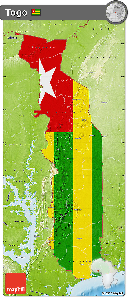 Flag Map of Togo, physical outside, flag rotated