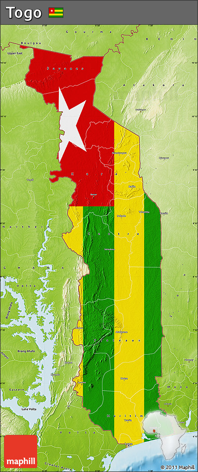 Flag Map of Togo, physical outside, flag rotated