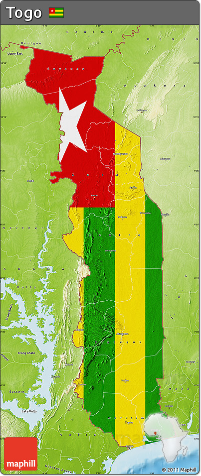 Flag Map of Togo, physical outside, flag rotated