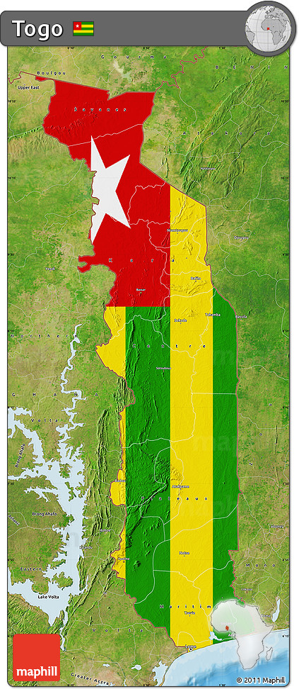 Flag Map of Togo, satellite outside, bathymetry sea, flag rotated
