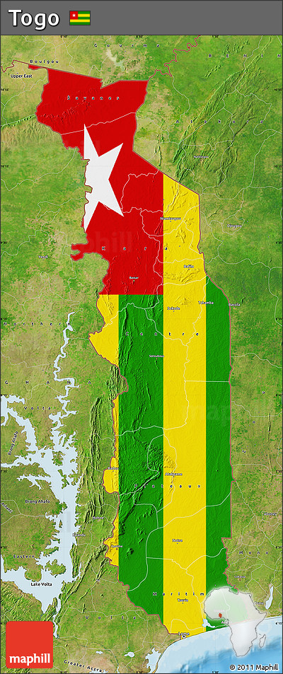Flag Map of Togo, satellite outside, bathymetry sea, flag rotated