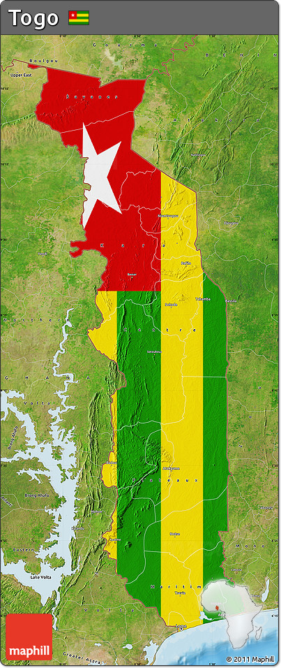 Flag Map of Togo, satellite outside, bathymetry sea, flag rotated