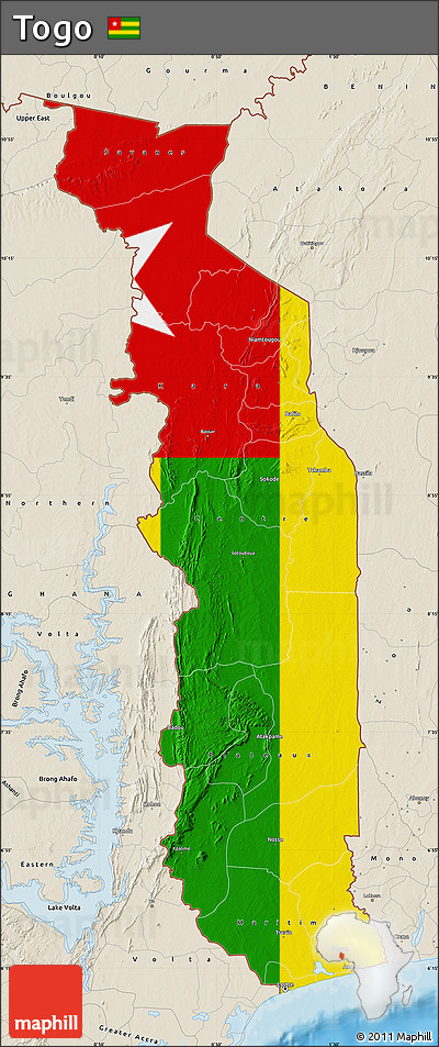 Flag Map of Togo, shaded relief outside, bathymetry sea, flag aligned to the middle