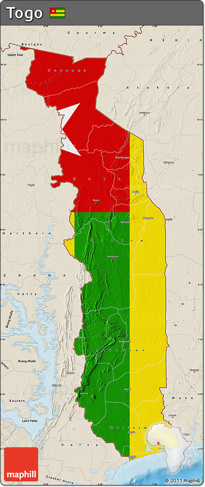 Flag Map of Togo, shaded relief outside, bathymetry sea, flag aligned to the middle