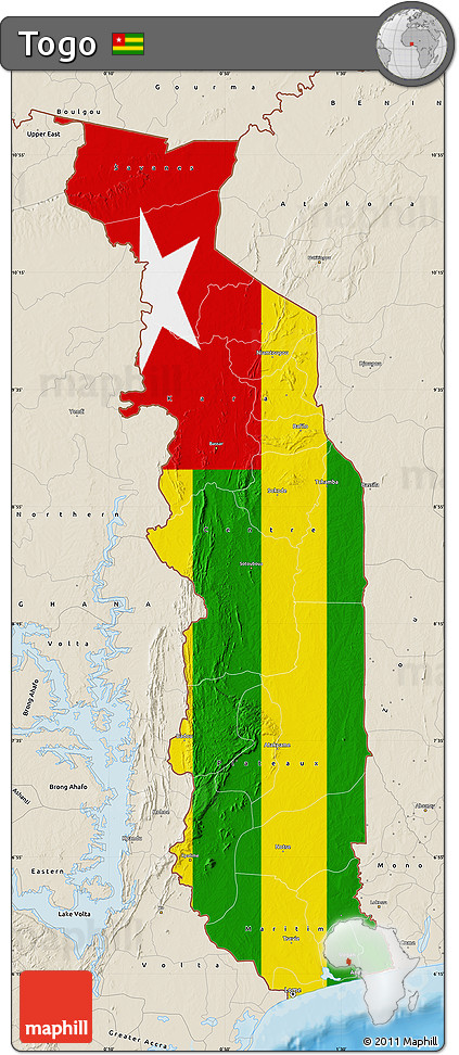 Flag Map of Togo, shaded relief outside, bathymetry sea, flag rotated