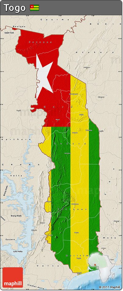 Flag Map of Togo, shaded relief outside, bathymetry sea, flag rotated