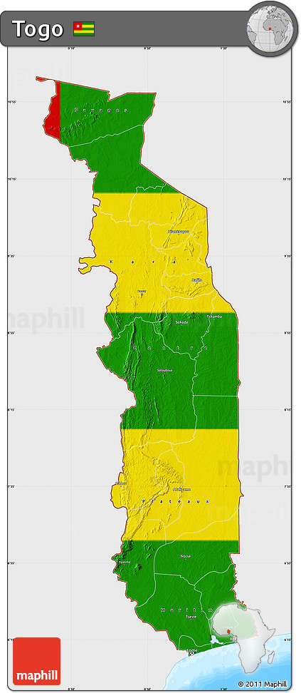 Flag Map of Togo, single color outside, bathymetry sea, flag centered