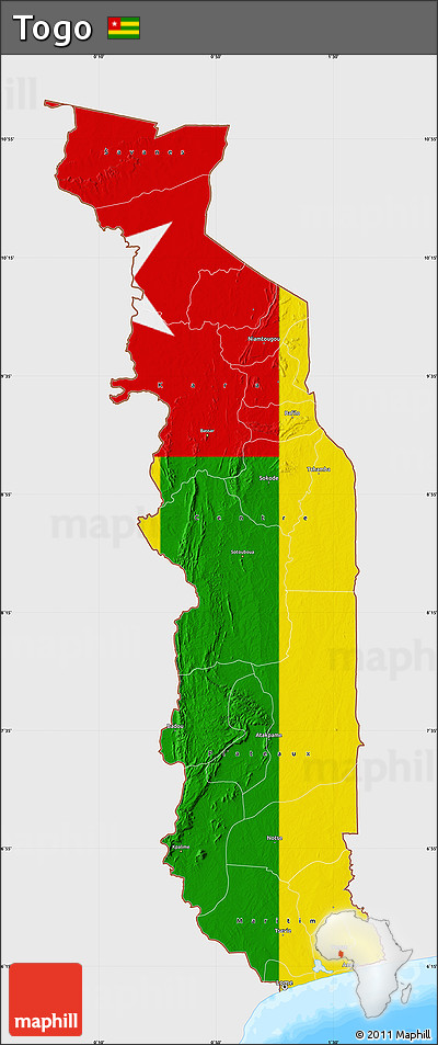 Flag Map of Togo, single color outside, bathymetry sea, flag aligned to the middle