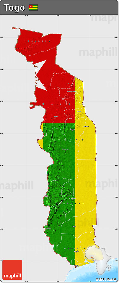 Flag Map of Togo, single color outside, bathymetry sea, flag aligned to the middle