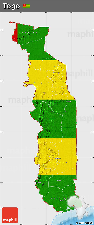 Flag Map of Togo, single color outside, bathymetry sea, shaded relief sea, flag centered